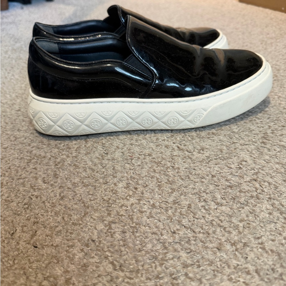 Tory Burch Black Patent Slip-On Sneakers with White Platform